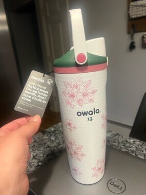 owala 13 Floral White & Pink Insulated Water Bottle with Green Handle, masters